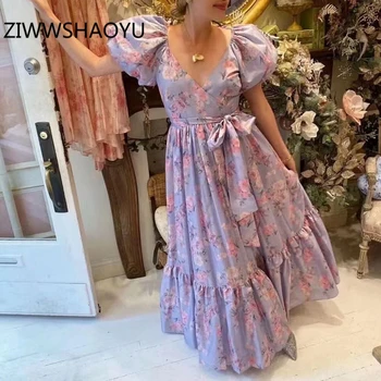 

ZIWWSHAOYU Women Summer V-Neck Bohemian Holiday Dress Runway Designer Ladies Ruffles Hem Floral Print Bow Belt Long Dresses
