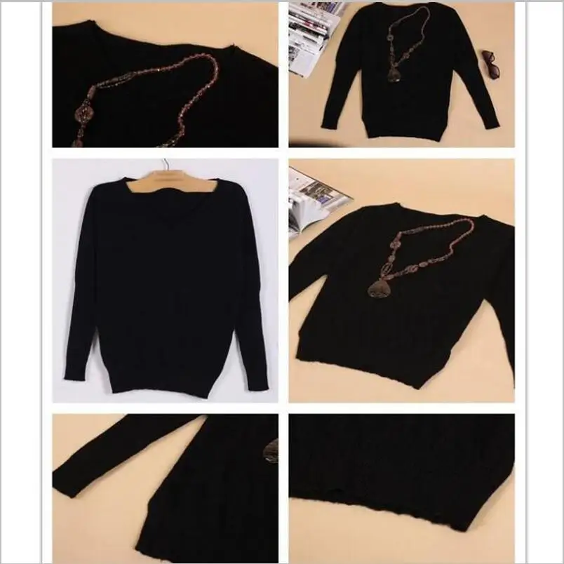 Весенне-осенние кашемировые свитера для женщин, модный сексуальный свитер с v-образным вырезом, свободный свитер из шерсти с рукавом летучая мышь размера плюс, пуловер - Цвет: Black