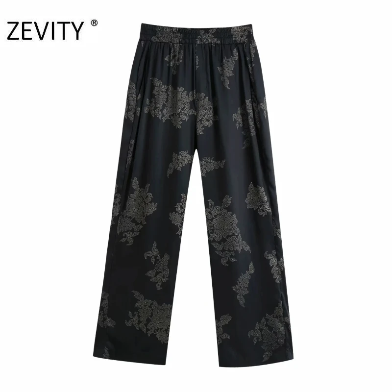 ZEVITY Women vintage flower print pockets patch straight pants female elastic waist pleats casual slim Trousers chic pants P934