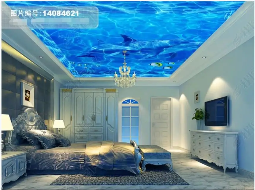 

Custom photo 3d wallpaper ceiling mural Blue water ocean dolphin living room home decor 3d wall murals wallpaper for walls 3d