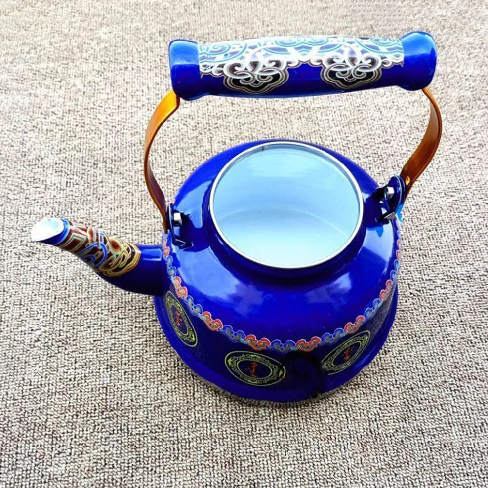 1.7L Tibetan Style Porcelain Enameled Teapot Chinese Ethnic Characteristic Milk Tea Infuser Enamel Boiling Water Kettle