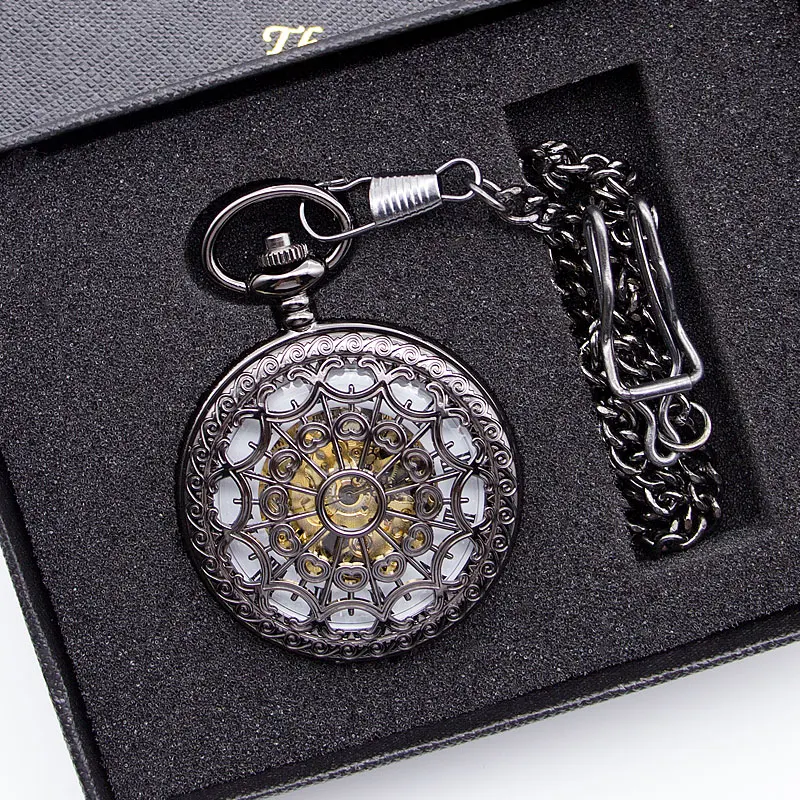 Watch with Box Ретро стиль, полые часы с циферблатом, карманные часы с ручным заводом, механические часы с подвеской, ожерелье с цепочкой, подарки для мужчин и женщин - Цвет: Watch with Box