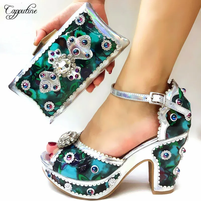

New Coming Silver With Nice Print Desgin Lady Shoes And Bag Set Elegant Sandals With Clutch Handbag 2096-3 Heel Height 9CM