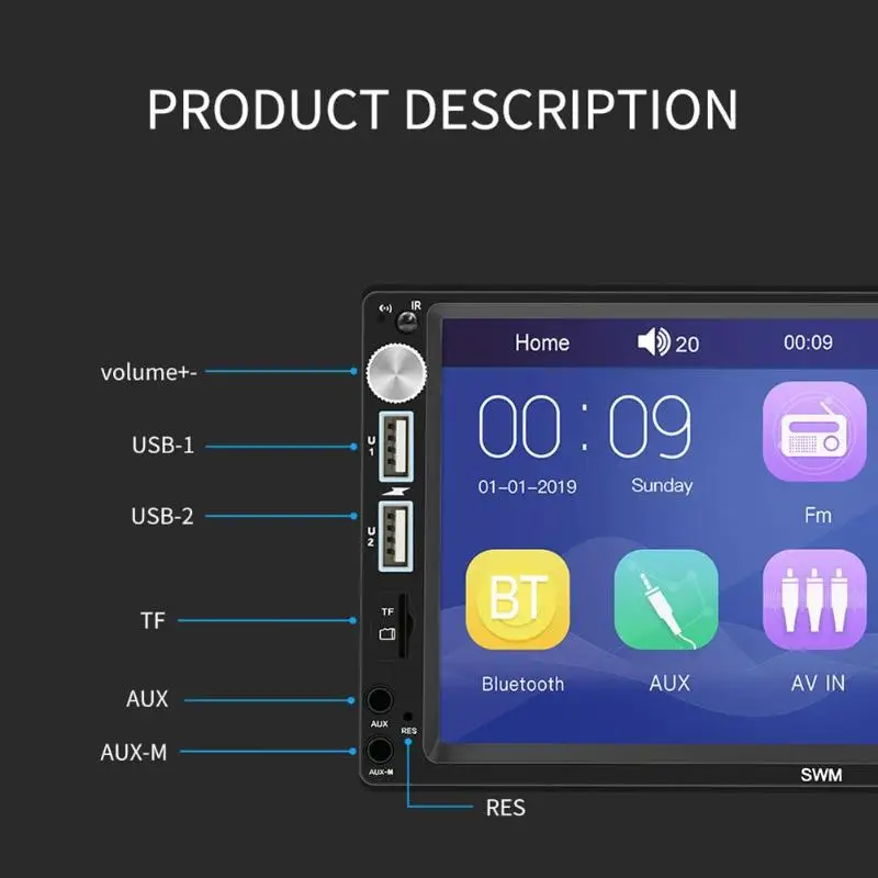 Стерео 7 дюймов Bluetooth AUX RCA FM радио головное устройство SWM X5 двойной 2 DIN