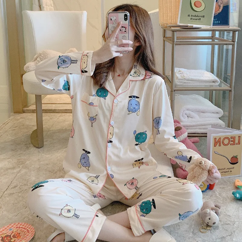 

Cardigan Fold-down Collar Pajamas Women Long Sleeve Qmilch New Style Cartoon Homewear Set Southeast Asia