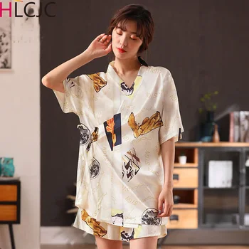 

Japanese Kimono 2 Pieces Summer Women Sleepwear Faux Silk Satin Pijamas Mujer Short Sleeve Pajamas for women Loose Pyjamas Femme