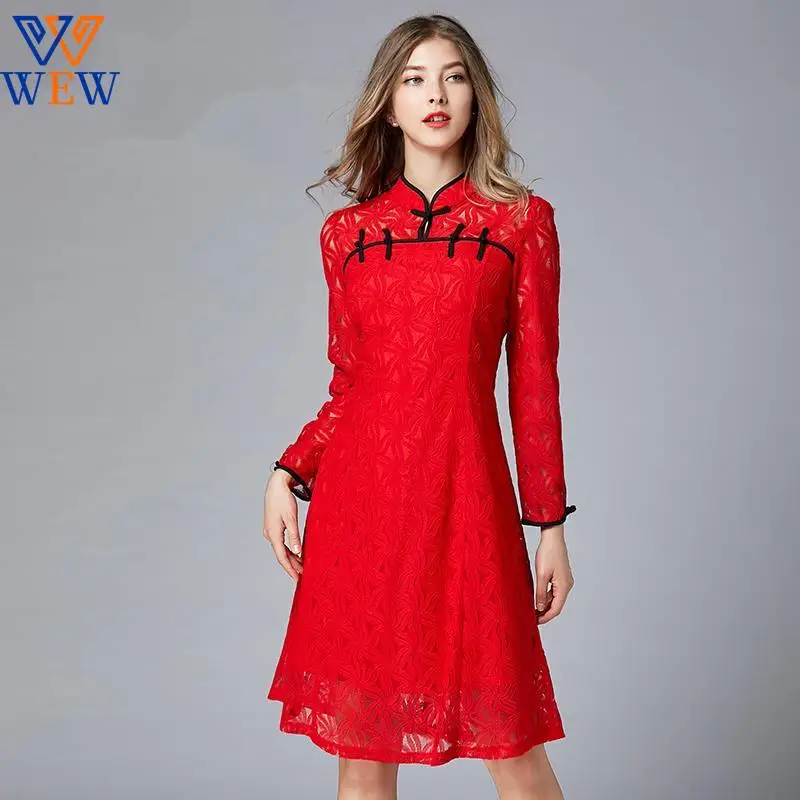 2021 Autumn chinese festival dress lace bow full sleeves loose leisure elegant plus size above knee lady vestidos party dresses | Женская
