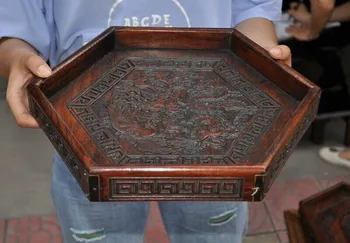 

wedding decoration 14" China Boxwood wood Ancient Feng Shui Dragon phoenix Tray Pallets Dish plate