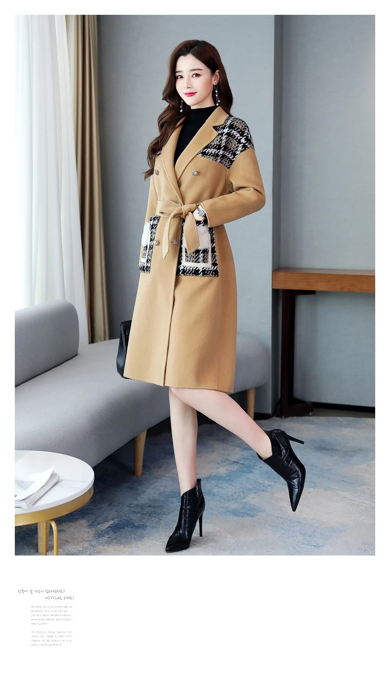 Woman Coat Autumn Winter Fashion Cashmere Coat Splice Double-breasted Wool Coat Women Long Windbreaker Jacket manteau femme