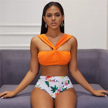 

Sexy Bikinis set Orange Bikini set Floral print Bottom Swimsuit Two Pieces Swimwear Women 2020 Beach Bathing Suit Biquinis