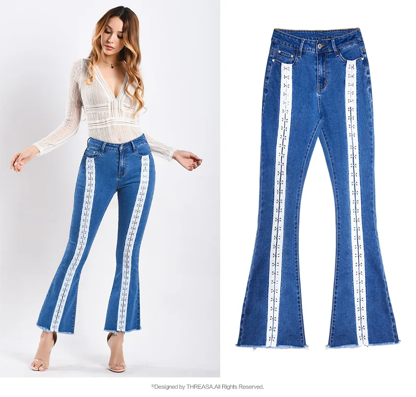 Женские синие повседневные джинсы с лентой с поясом и поперечными краями, брюки для улицы, модный дизайн, Широкие джинсовые брюки