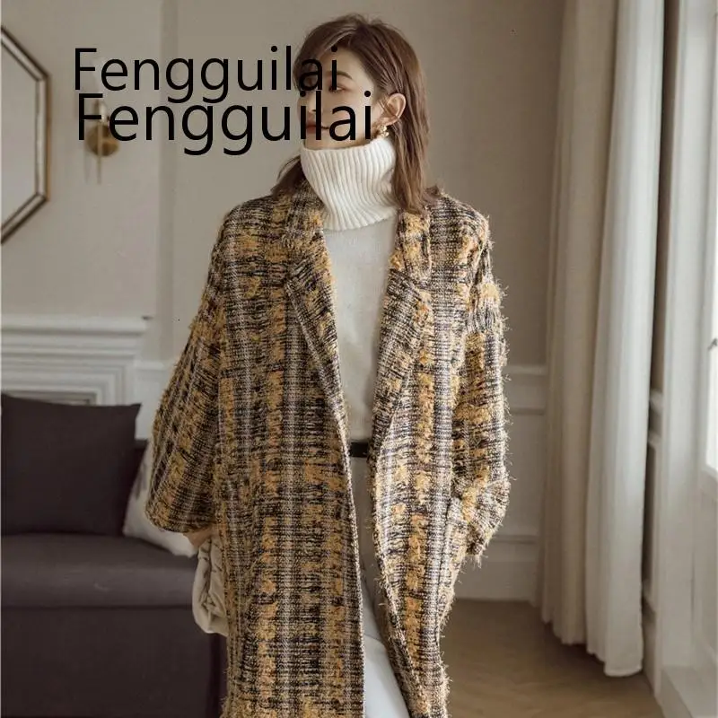 FENGGUILAI шерстяное пальто осень и зима свободный силуэт твидовое пальто, шерстяной жакет женский длинный раздел
