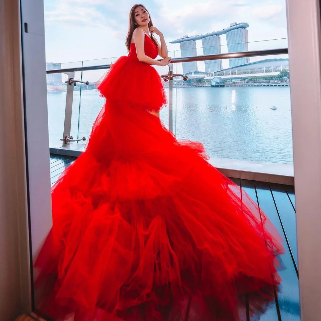 evening wear Fantastic Prom Dress Red  Spaghetti Strap Modest Backless High Waist Layered Puffy Tulle Evening Dresses Sleeveless Bridal Gown sexy ball gowns Evening Dresses