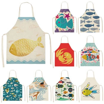 

1Pcs Cartoon Fish Pattern Cleaning Colorful Aprons Home Cooking Kitchen Apron Cook Wear Cotton Linen Adult Bibs 53*65cmWQL0020