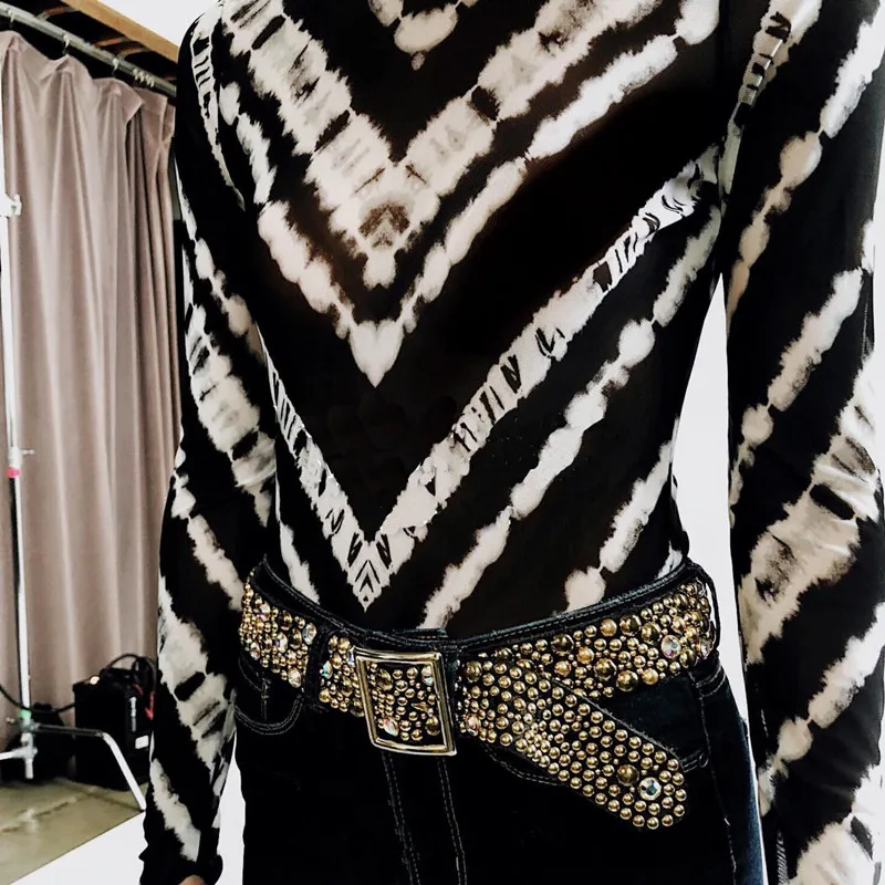 Waatfaak Vintage Print Long Sleeve Bodysuits Bodycon Women Body Elegant Club Basic Black Romper High Neck Shirt Bodysuit Skinny