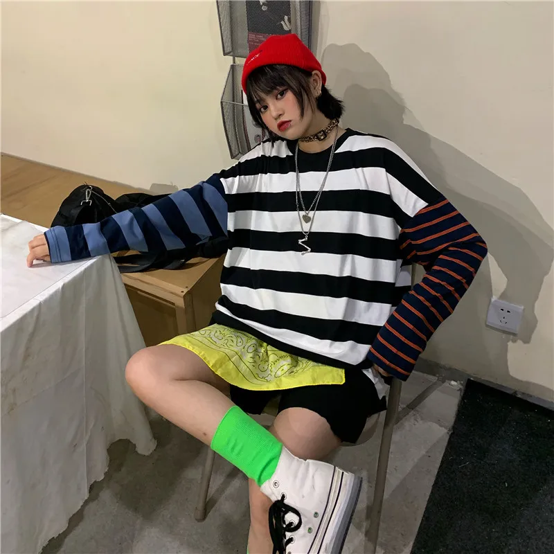 Neploe/футболка в полоску; сезон осень-зима; корейские свободные женские и мужские футболки в стиле Харадзюку; повседневные модные футболки с длинными рукавами; 54111