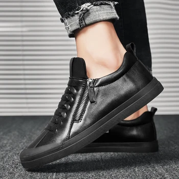 

Men's Leather Winter Shoes Men Black Zip Sneakers Mens Footwear Keep Warm Rubber Sole Comfortable Shoe Drop Shipping