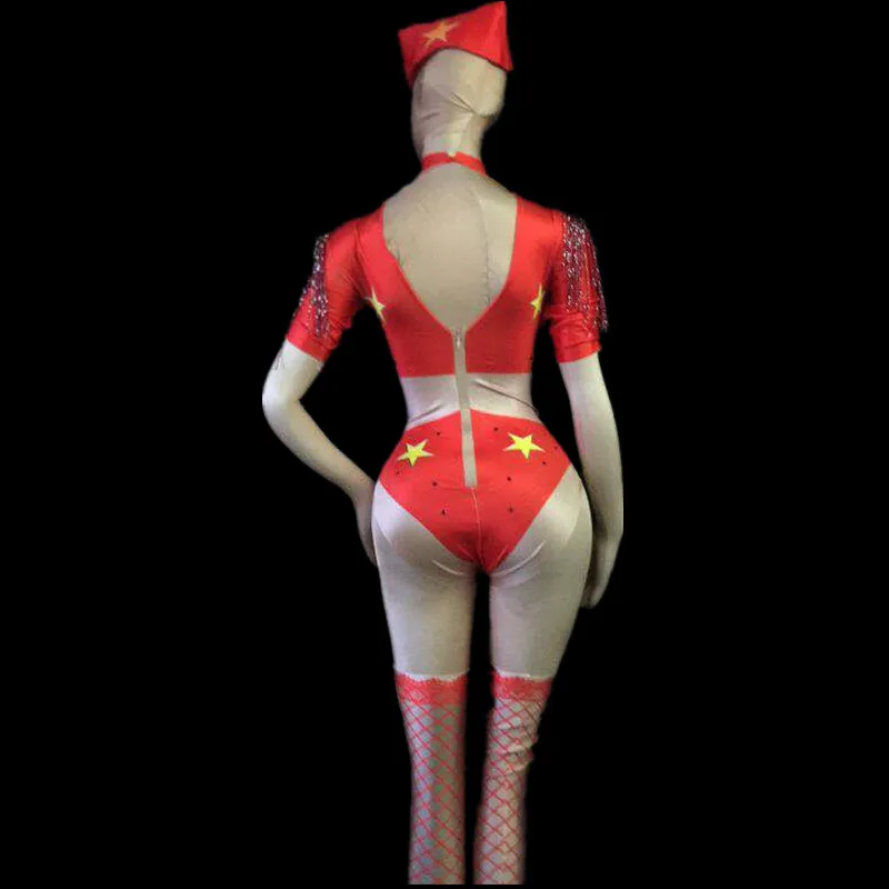 Military Style Women Nightclub Pole Dance Performance Costumes Female Stars Pattern Shinny Jumpsuits Women's Christmas Clothes