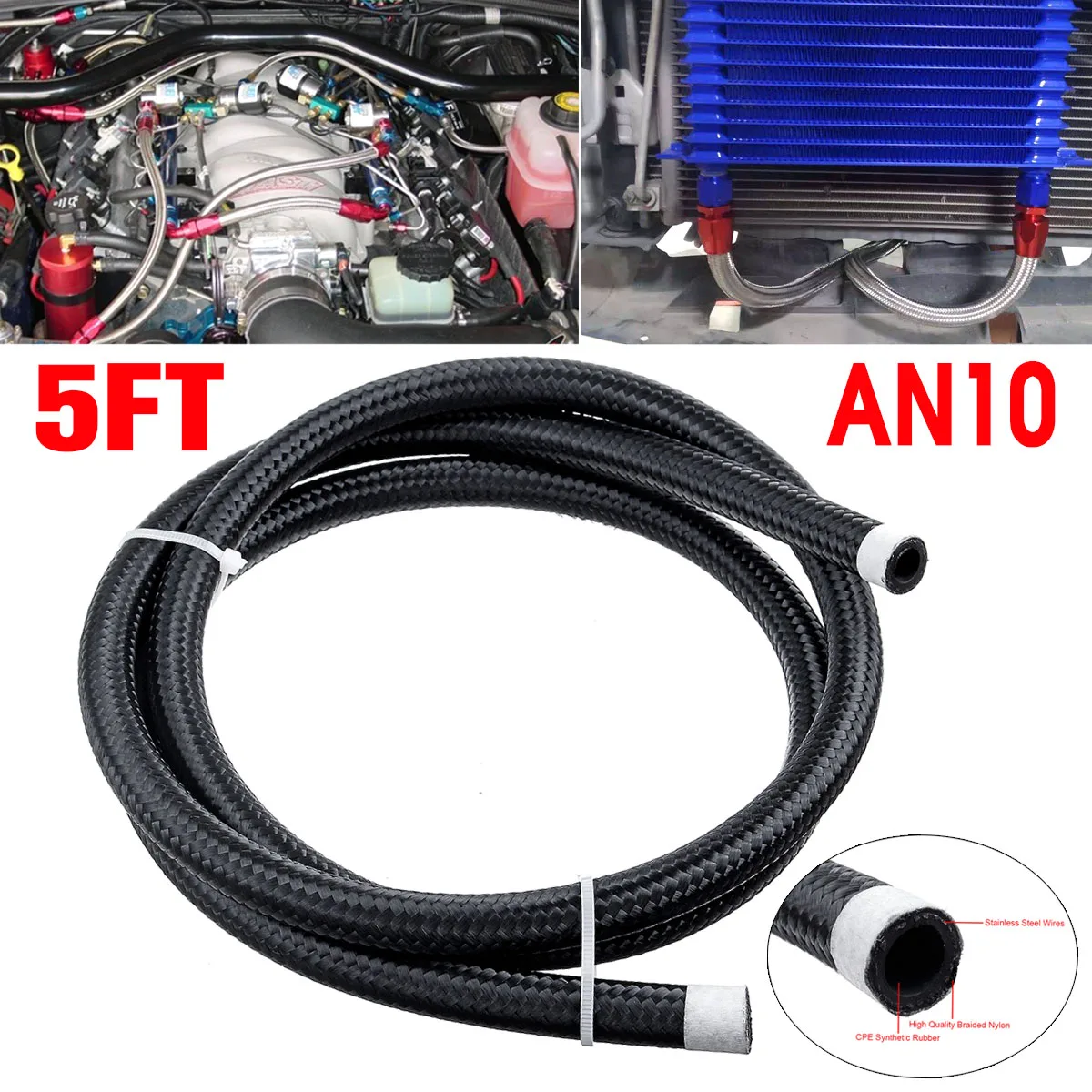 3/5/8/10/20FT AN4 AN6 AN8 AN10 Fuel Hose Oil Gas Cooler Line Pipe Tube Nylon Stainless Steel Braided Inside CPE Rubber |
