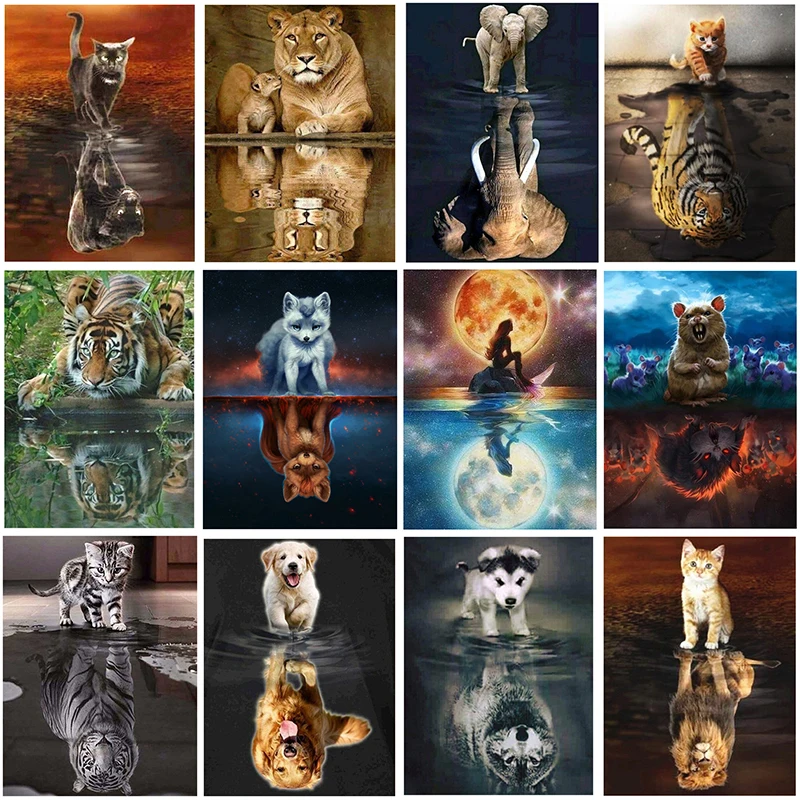 

5D Diamond Painting Tiger Cat Full Square/Round Diamond Embroidery Animals Reflection Pictures Of Rhinestones Mosaic Home Decor