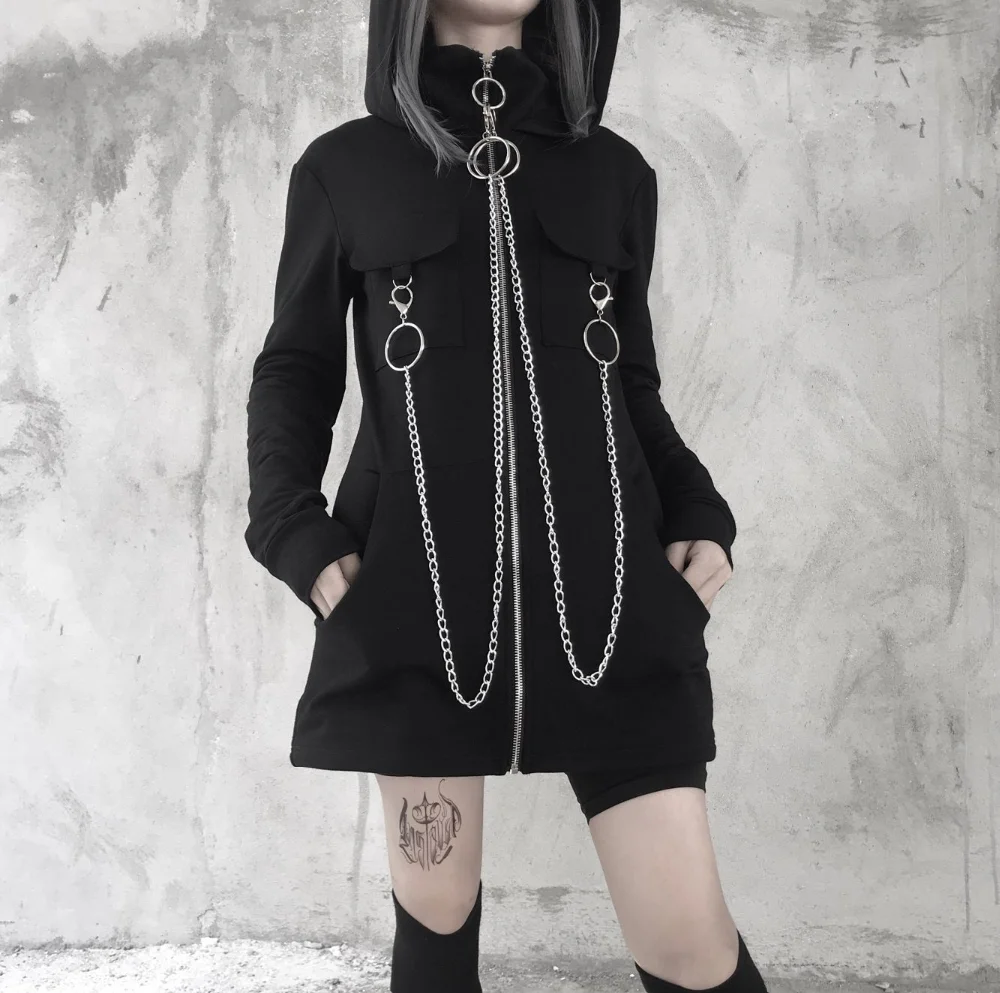 InsGoth Black Hooded Sweatshirts Women Coats Gothic Punk Zipper Material Chain Long Hoodies Pullover Streetwear Lady Long Hoodie