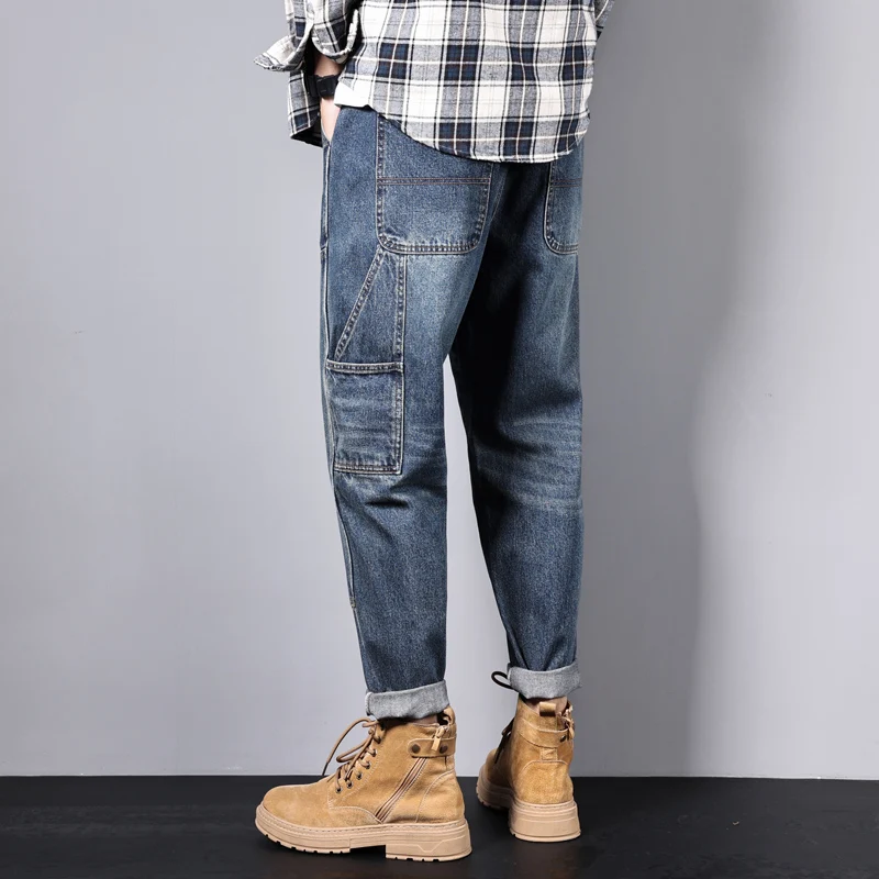 Jeans Men Baggy Cargo Pants Loose Fit Harem Pants Fashion Pockets Hip Hop Streetwear Denim Trousers Oversized Patchwork