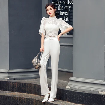 

Fashion lace short basic t-shirt new arrival elegant white long pant 2 pieces sexy high quality work style summer cute women set