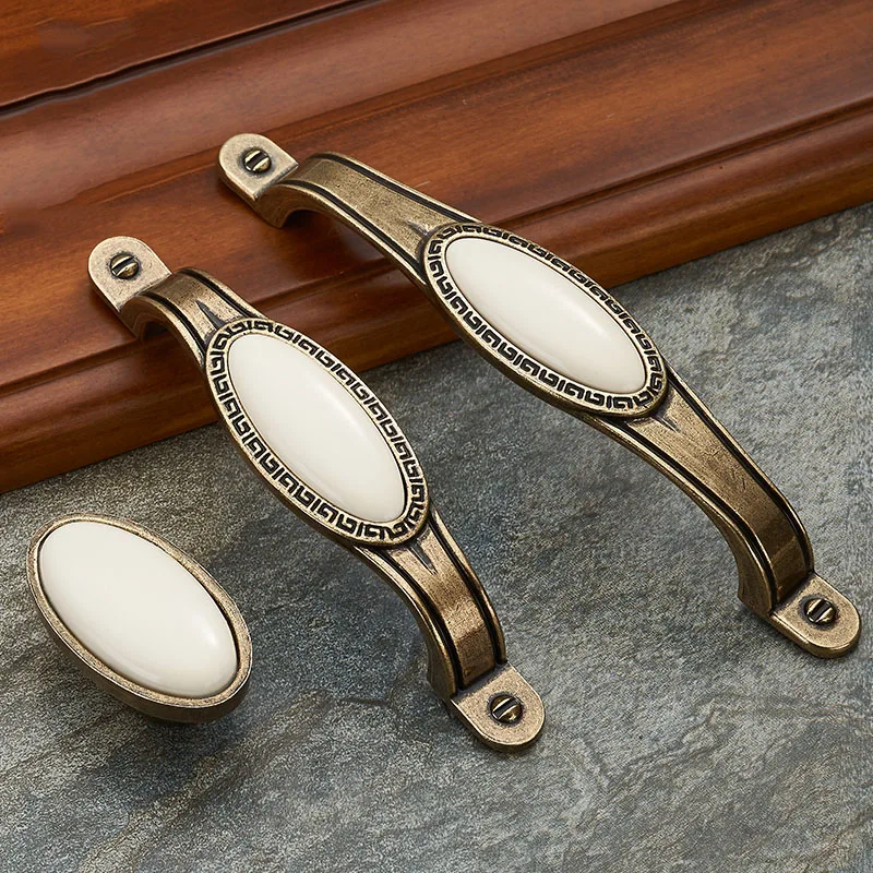 Antique Bronze Ceramic White Cabinet Handles Zinc Alloy Drawer knobs Wardrobe Door Handle Simple European Furniture Hardware