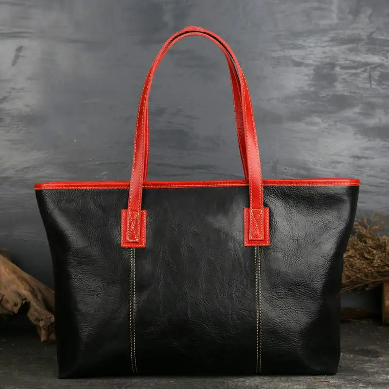 Black red Новинка, Высококачественная сумка, натуральная кожа, Ретро стиль, повседневная сумка, женская сумка, большая вместительность, для отдыха, женские сумки через плечо - Цвет: Black red