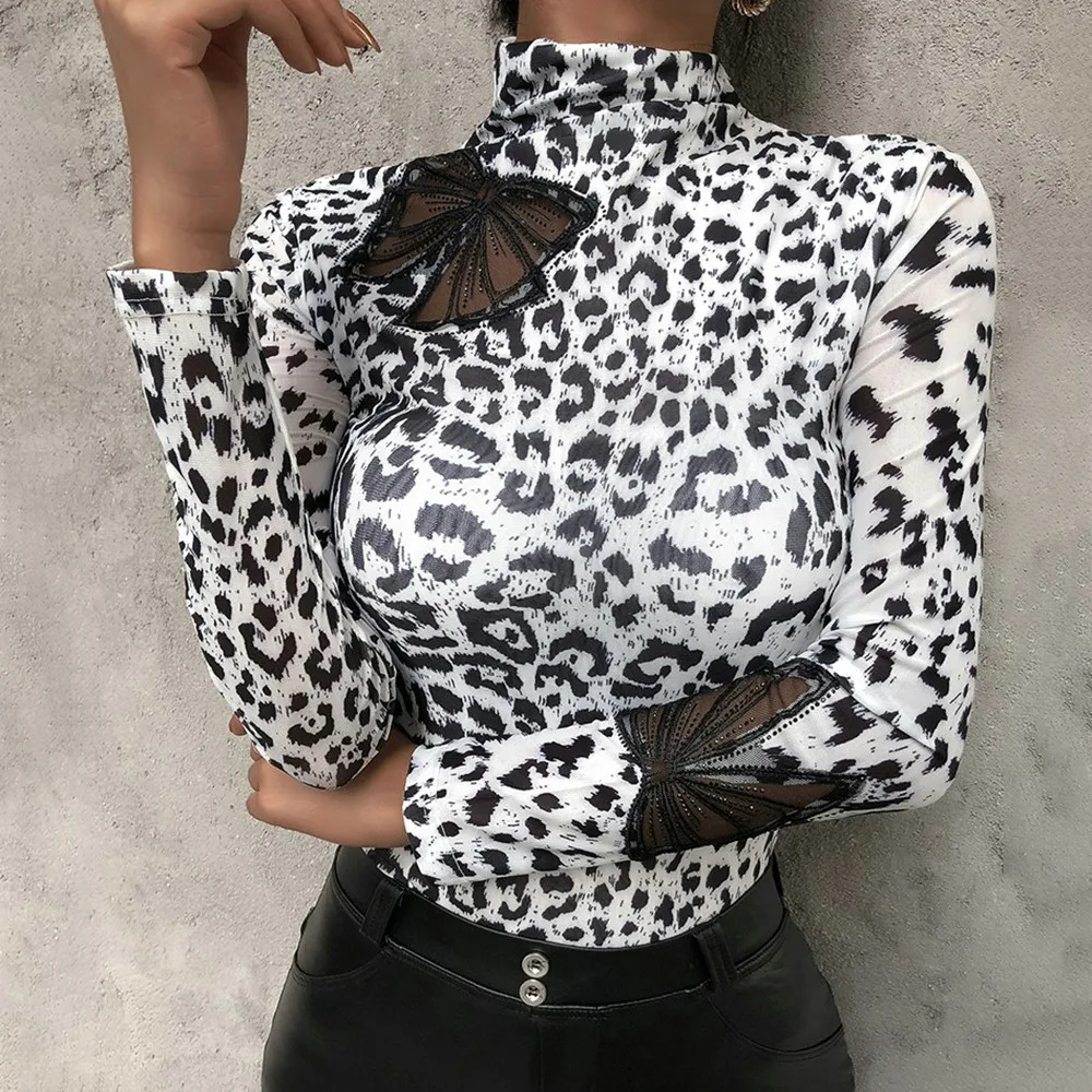 Jumojufol Cuello Alto De Mujer Elegante Estampado De Leopardo De Bodycon Caen Blusa Top T Shirt