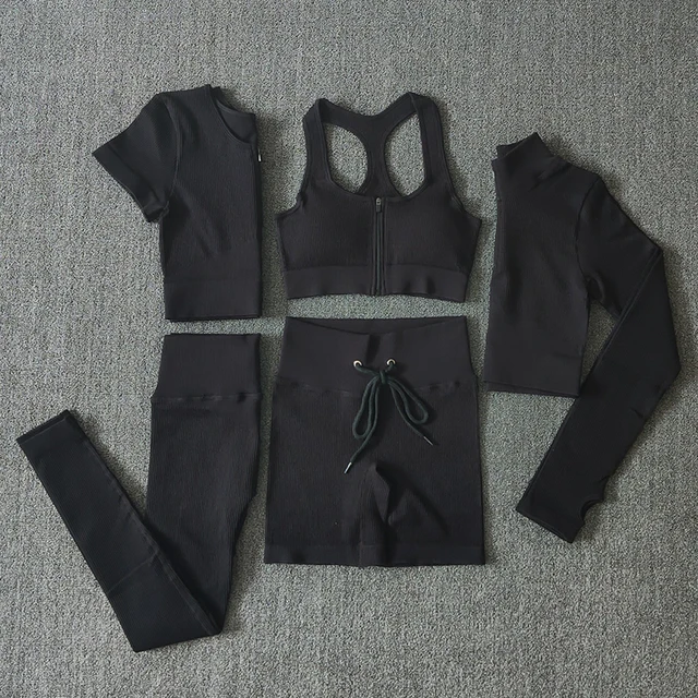 Seamless Women Yoga Set Workout Sportswear Gym Clothing Zipper Long Sleeve High Waist Leggings Fitness Bra Athletic Sports Suits 5PCSBlack