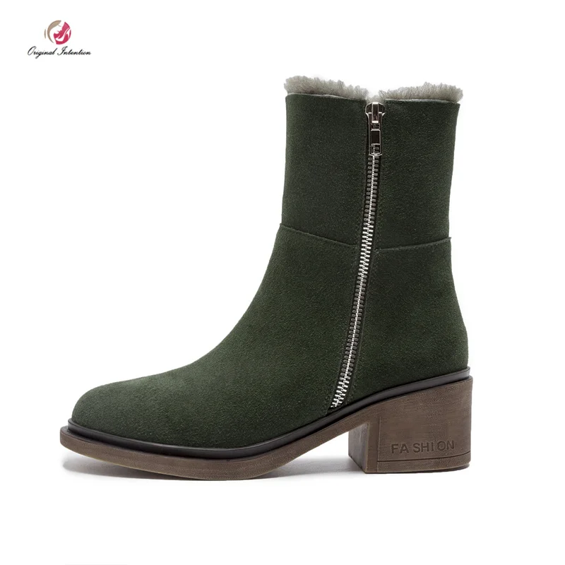 

Original Intention High Quality Leather Faux Fur Ankle Boots Woman Black Green Square Heels Zipper Round Toe Shoes Woman Mature