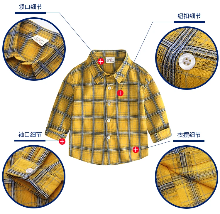 2-8Year Baby Boys shirts yellow plaid shirt Clothing autumn New Cotton Kid clothes Long-sleeved children shirts