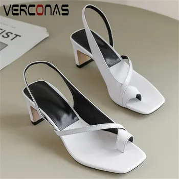 

VERCONAS 2020 Fashion Woman Sandals Woman Pumps Classic Design Summer Genuine Leather Square Toe Square High Heeled Shoes Woman