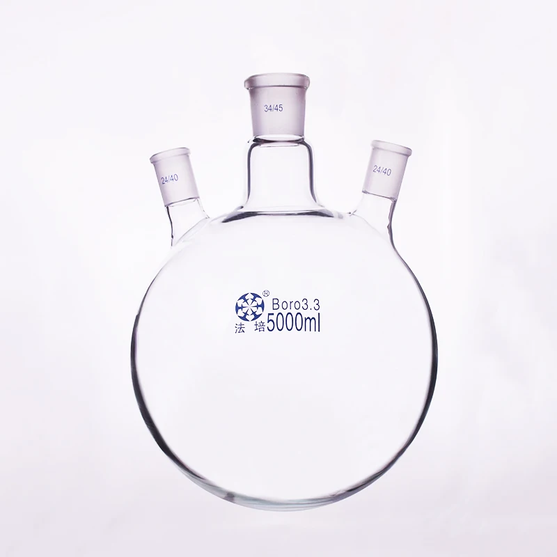 

Three-necked flask oblique shape,with three necks standard grinding mouth,Capacity 5000ml,Middle joint 34/45,lateral joint 24/40