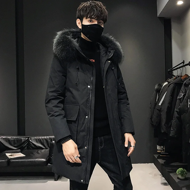 Winter Trend Handsome Mid-length down Jacket Men over-the-Knee Large Fur Collar Youth Students Thick Winter Coat Fashion