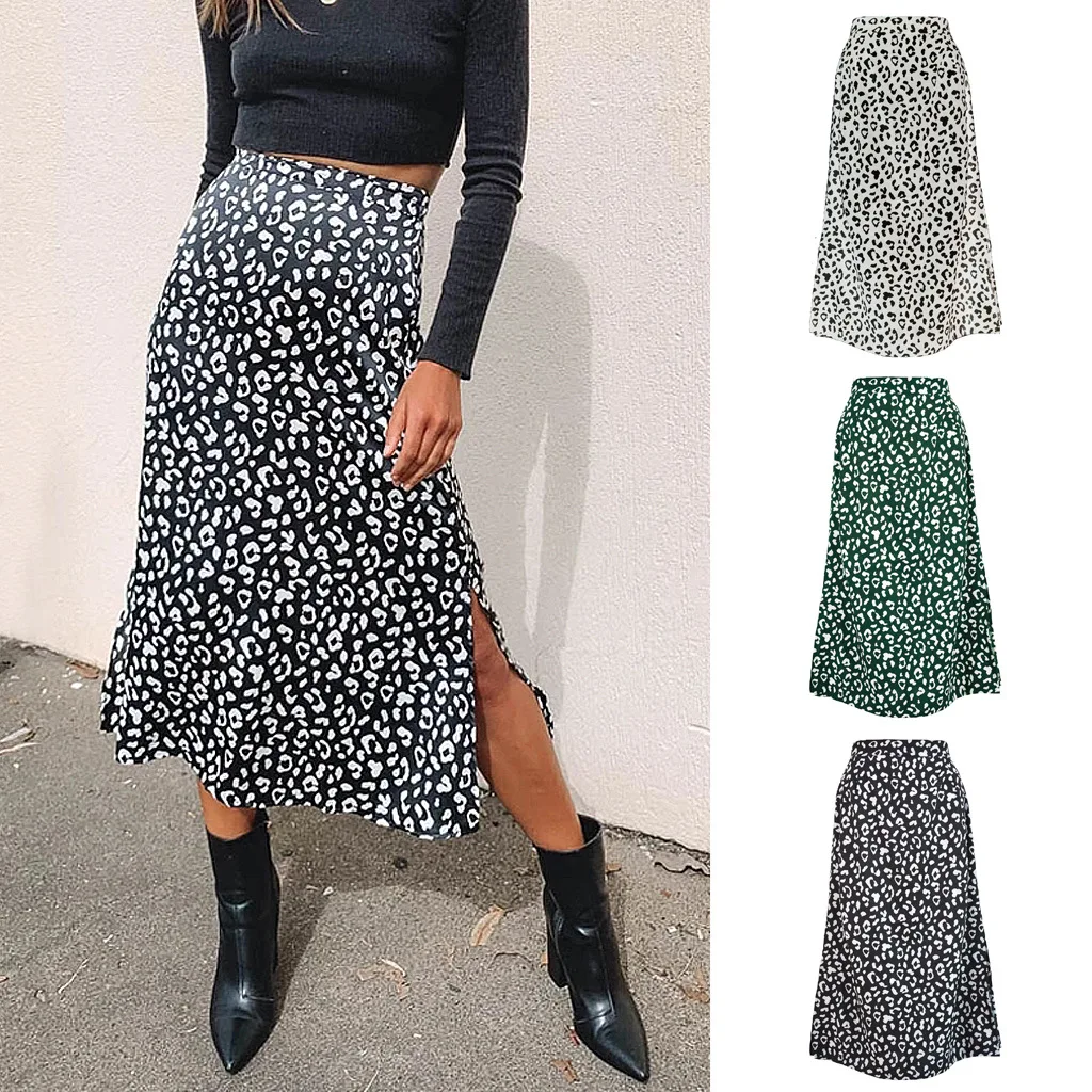 Raso estampado de leopardo Split falda mujeres falda de verano Sexy cremallera alta cintura faldas casuales de mujer vestido blanco Falda Midi