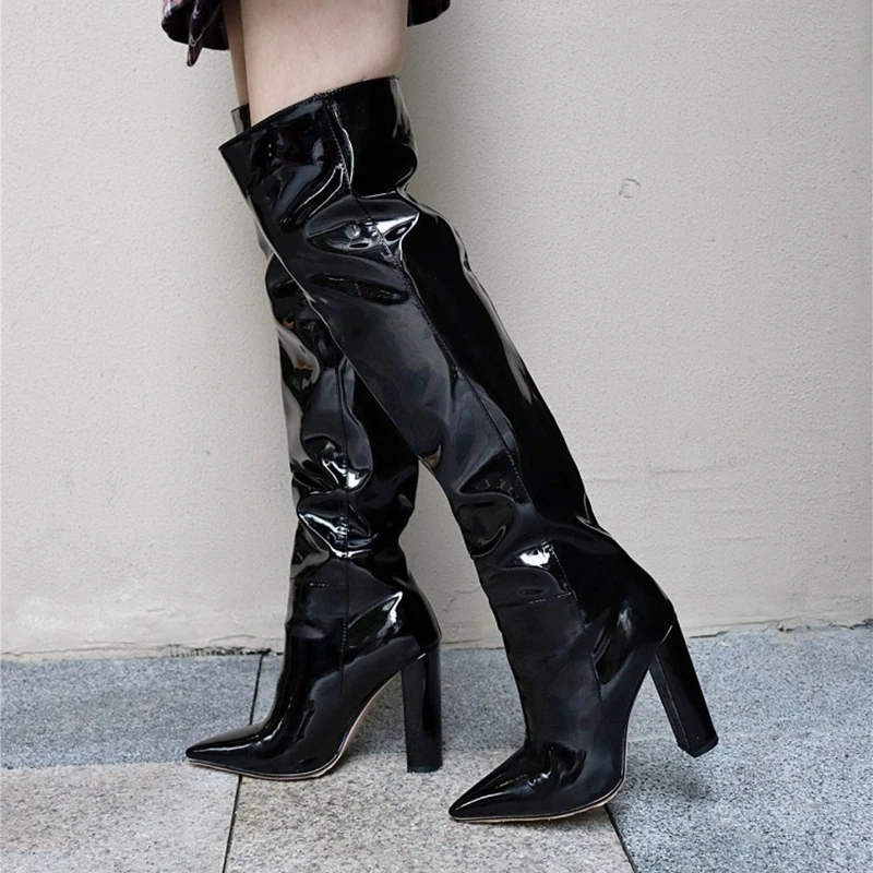 

2020 new women's boots shiny patent leather pointed thick heel high heel over the knee boots plus size women's boots