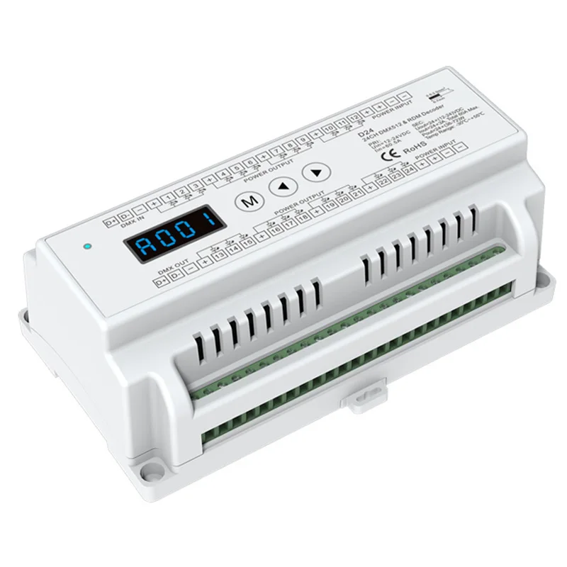 

DC 12V-24V 24CH*3A CV DMX Decoder D24 DMX512 24 Channel Guideway PWM Constant Voltage Decoder D24 Decoder DMX512 Project