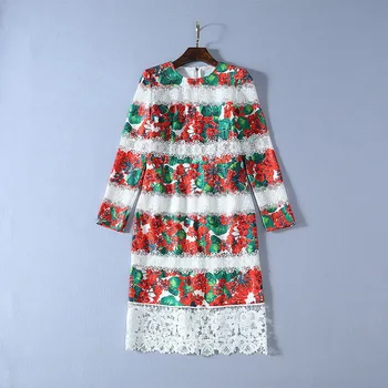 

European and American women's clothing 2019 winter new style Long sleeve printed patchwork lace embroidery Fashion dress
