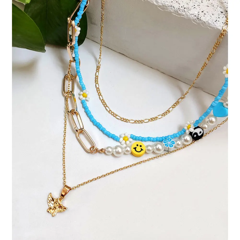 Buleens Seed Beaded Necklace Set For Women Summer Colorful Bead Necklaces  Girls Beach Rainbow Smiley Face Bohemian Choker Flower Sea Sunflower Beads