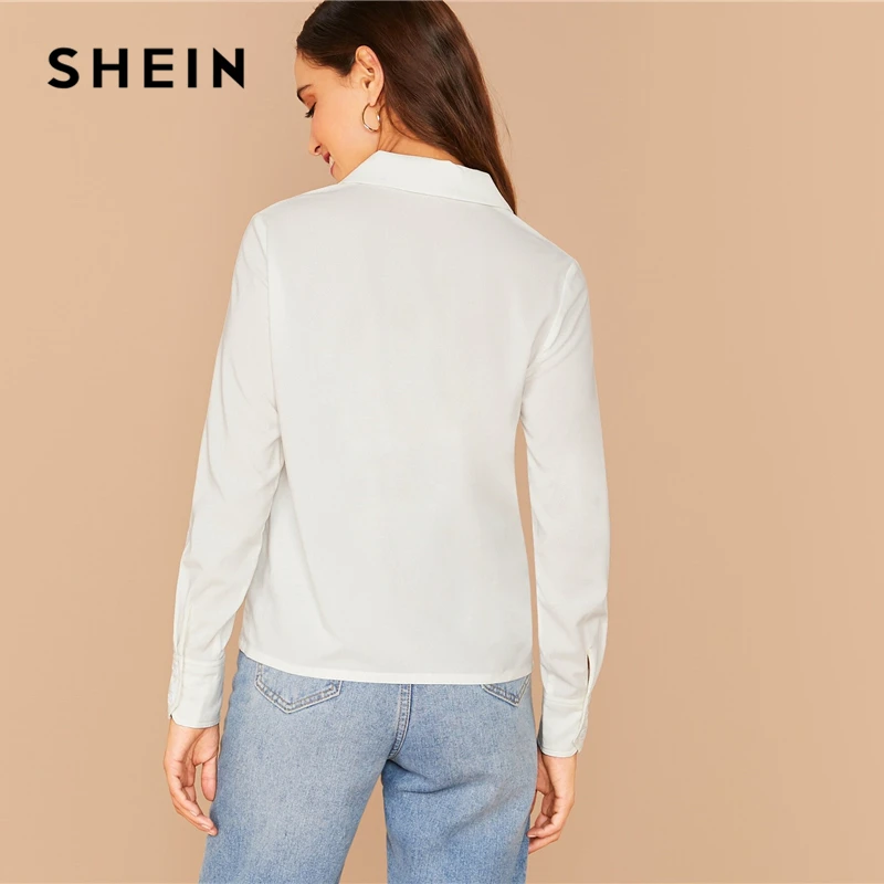 SHEIN Белый С Вырезанным воротником, наряд со Однотонная рубашка, блуза Для женщин Демисезонный платье на пуговицах с длинными рукавами однотонный Повседневный Топ и блузки