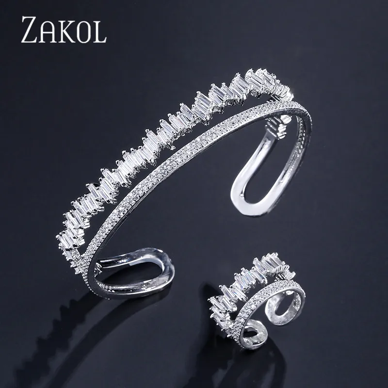 

ZAKOL New Arrival Round Shape Jewelry Set Exquisite Micro Pave Setting Cuff Bracelet Bangle & Ring Set Bijoux FSSP376