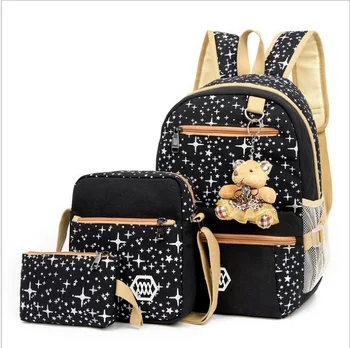 

New student bag three-piece canvas bag shoulder bag female Korean version of the trendy cute bear travel double backpack