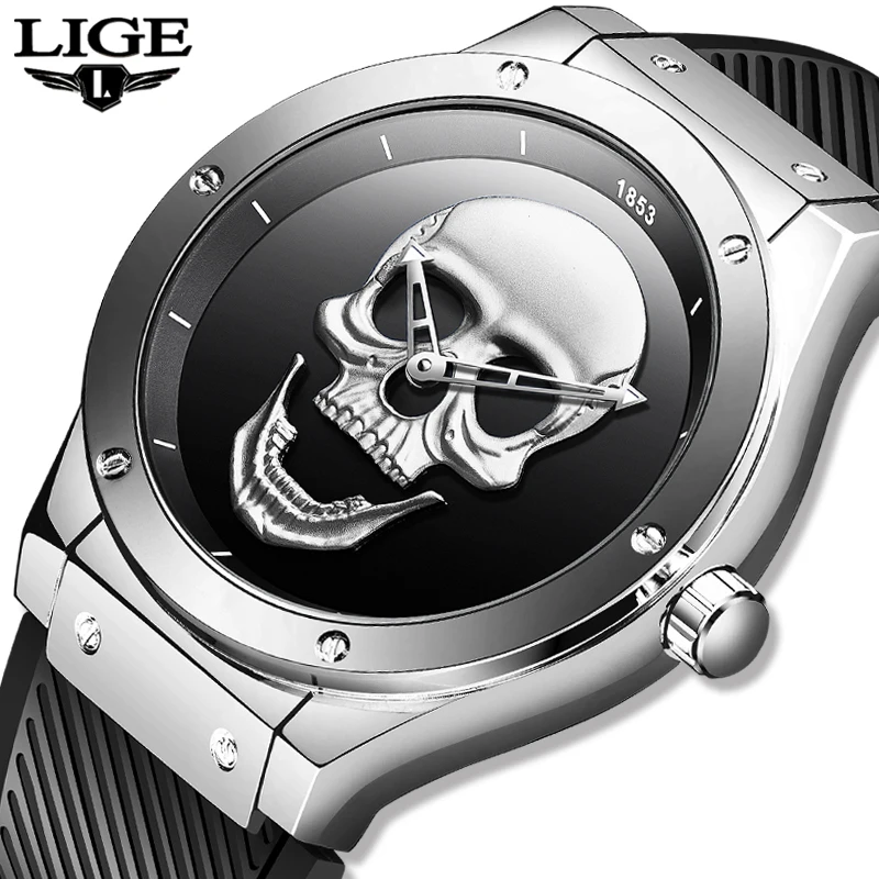 LIGE Mens Watches New Skull Watch Men's Military Sports Watch Men Waterproof Stainless Steel Gold Q