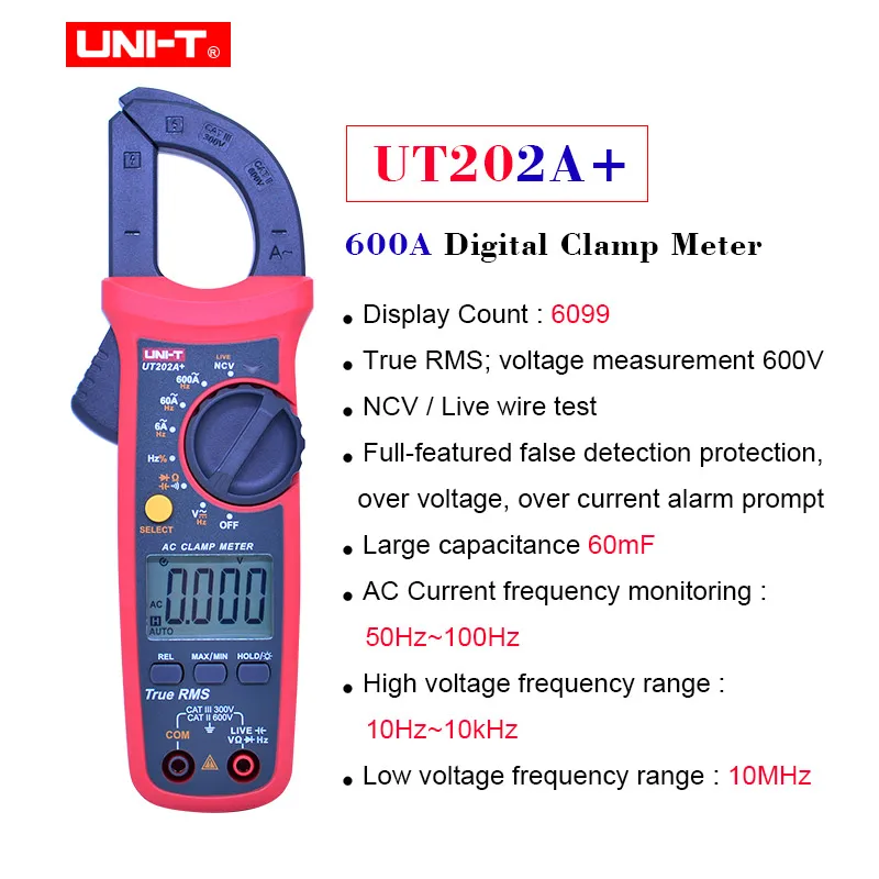 True RMS цифровой клещи UNI-T UT201+ UT202+ UT202A+ UT203+ UT204+ AC DC напряжение переменного тока тестер диода непрерывность тест NCV - Цвет: UT202A Plus