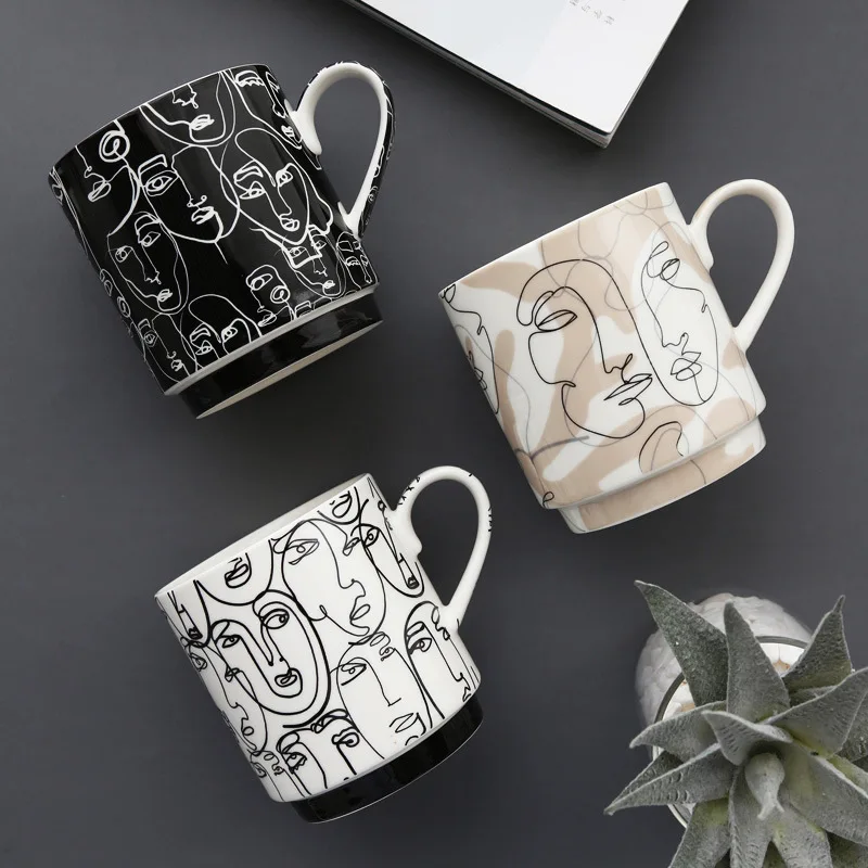 

3pcs / set Nordic Abstract porcelain coffee cup tea milk folding table creative ceramic cup kitchen home office decoration