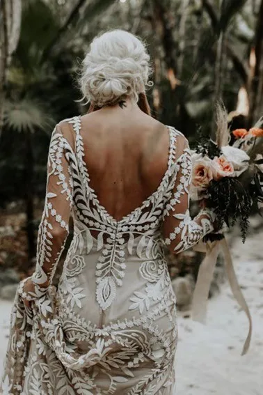 Vestido De Noiva последнее Бохо свадебное платье шикарное кружевное с длинным рукавом богемное пляжное свадебное платье старинные свадебные платья
