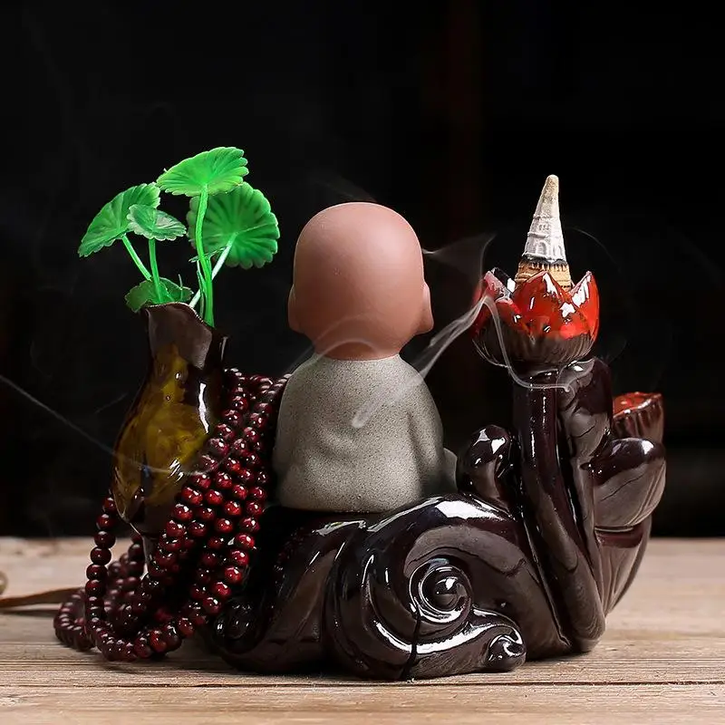 Porcelain Backflow Waterfall Smoke Incense Burner Little Monk Incense Cone Sticks Holder Censer+10 Cones Home Tea House Decor