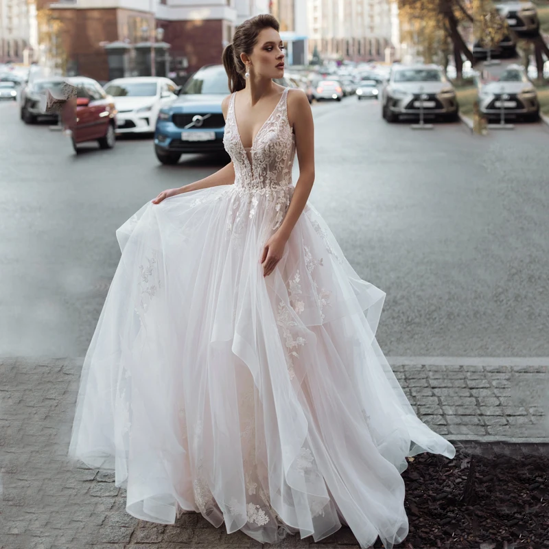V-Neck Beads Appliques Lace Straps Backless Tulle A-Line Wedding Dress 2021 Vestido De Noiva Bridal Gown | Свадьбы и торжества